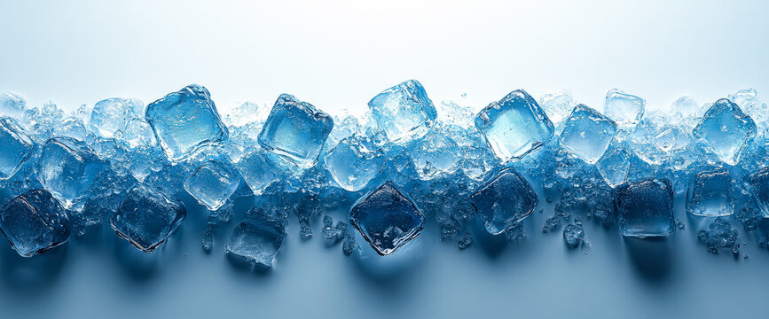 A collection of clear ice cubes is arranged on a reflective surface, surrounded by melting ice and droplets of water, creating a refreshing ambiance perfect for summer and beverage-related visuals