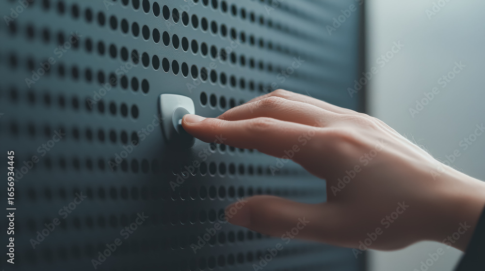 Poster close-up of a hand pressing a button on a sleek electronic device featuring a textured surface, high