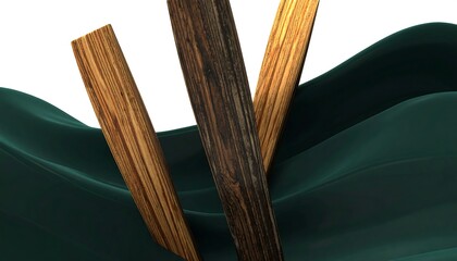 Three wooden planks intersect and pierce a deep teal fabric surface, creating an abstract and dynamic composition.
