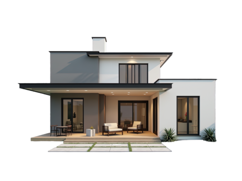 Modern house exterior design with a patio area.