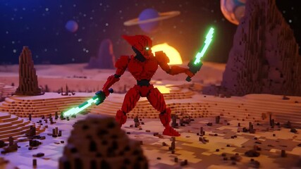Epic futuristic red robot warrior with glowing green swords on alien planet surface at sunset - Powered by Adobe