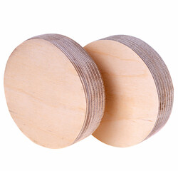Two round plywood craft blanks standing upright side by side on white background for DIY and...