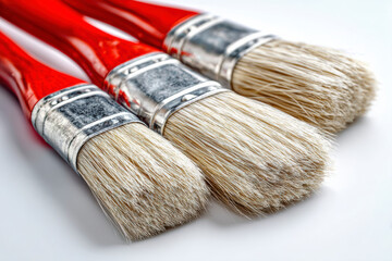 Close-up of paint brushes with red handles and silver ferrules lying on a white surface. Art supplies.