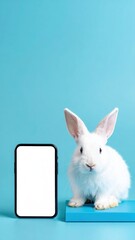 Obraz premium A cute bunny beside a smartphone with a blank screen against a blue backdrop