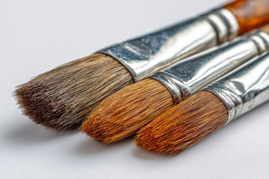 Close-up of artist paintbrushes with varied bristle textures, offering tools for artistic expression.