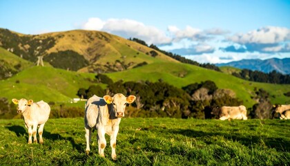 Cows grazing on green hills