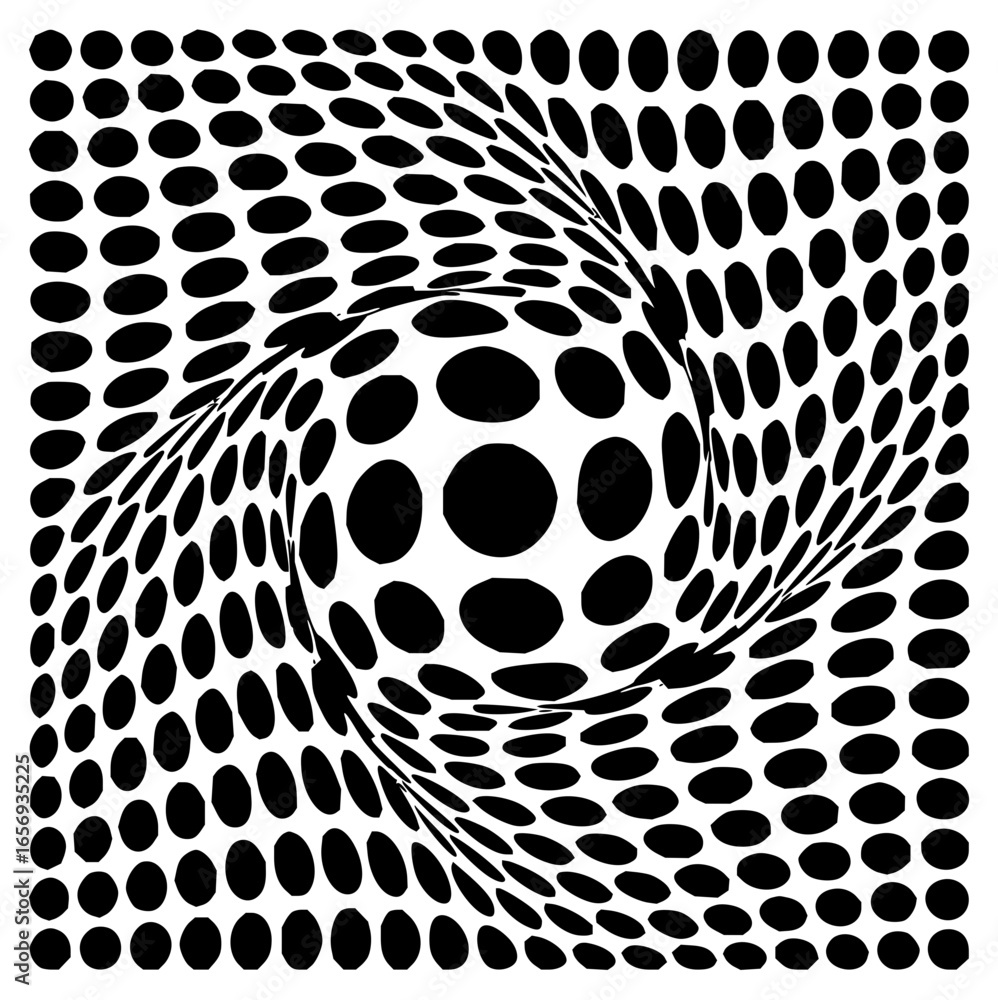 Poster black and white optical illusion with swirling pattern of dots creating a vortex effect in the cente