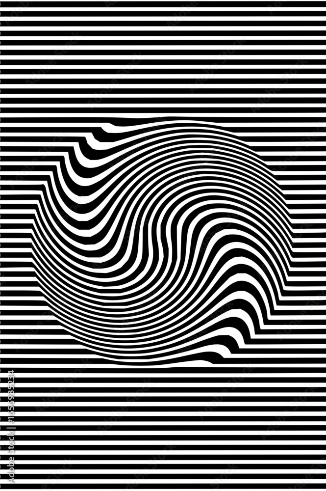 Poster black and white optical illusion with horizontal lines and a distorted circular pattern in the cente