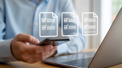 Digital Workflow: A hand holds a smartphone, with digital document icons overlaid on the scene, symbolizing streamlined processes and efficient digital management.