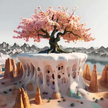 albero di pesco in fiore sopra una roccia sospesa su di un precipizio, peach tree in bloom on a rock suspended over a cliff