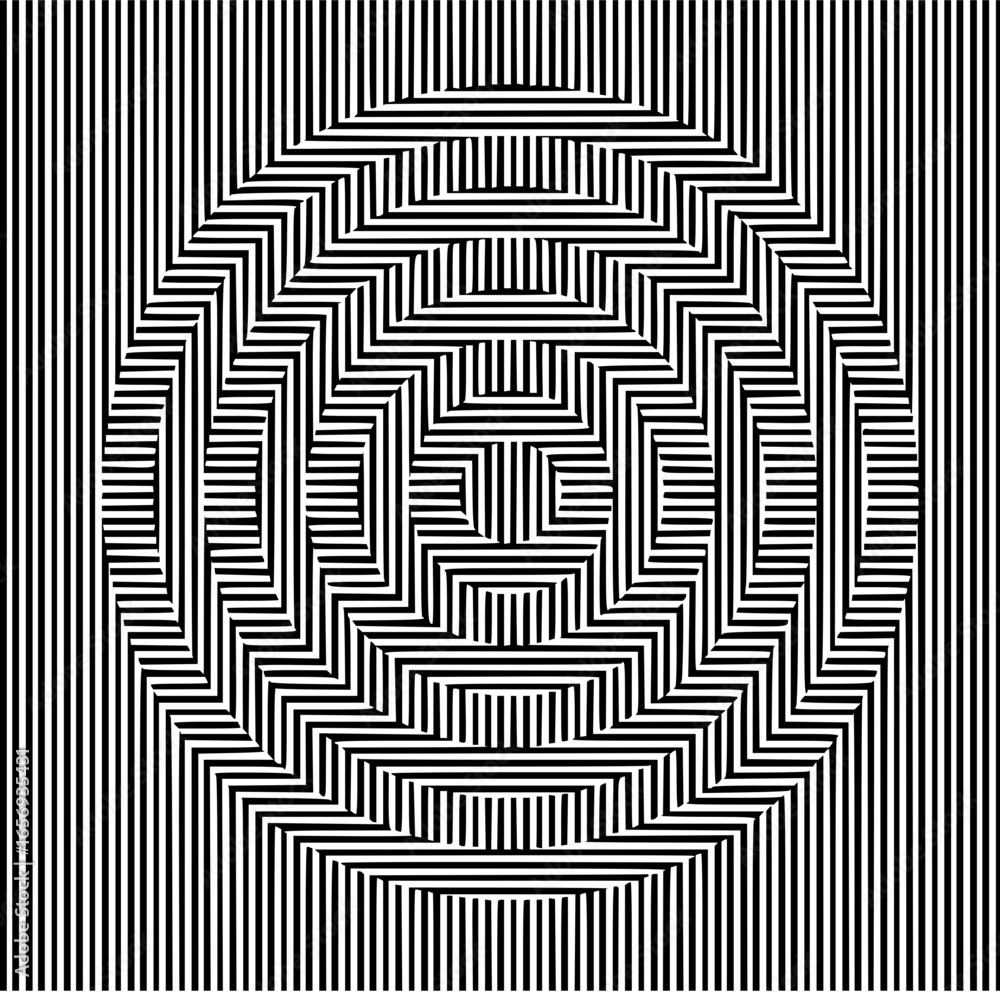 Poster abstract optical illusion with concentric shapes and vertical lines in black and white color scheme