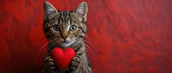 Cute cat holds red heart on vibrant background in an affectionate display of love and charm