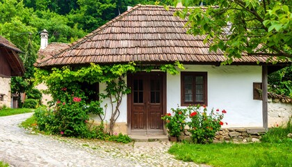 A charming, traditional village house with a tiled roof, lush greenery, and a picturesque setting.
