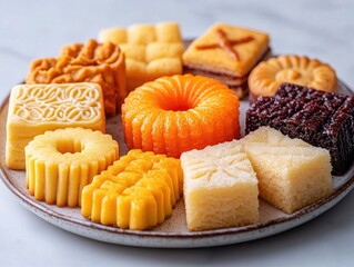 Assorted traditional mooncakes are artistically arranged on a round plate. Use it for Mid-Autumn Festival ads or Asian dessert promotion.
