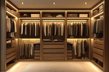 A symmetrical wardrobe design with contrasting wood tones and ambient strip lighting above 
