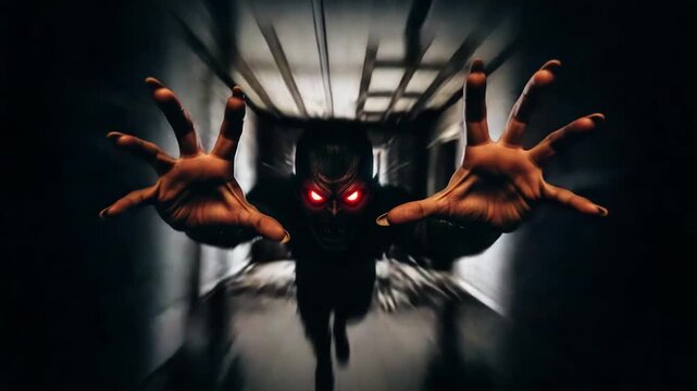 Nightmare. A creepy monster with red eyes runs down the hallway. A terrifying creature with long claws and glowing eyes in a dark, blurry space.