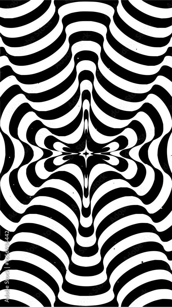 Poster black and white optical illusion with curved lines converging towards a central starburst pattern
