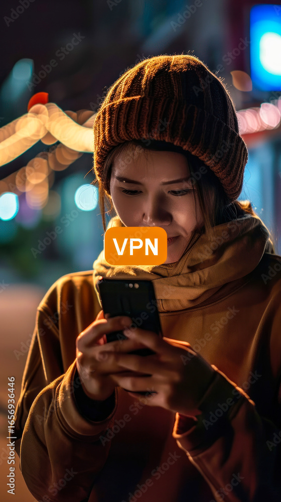 Poster person utilizing vpn for secure internet connection and online privacy on a smartphone with digital 