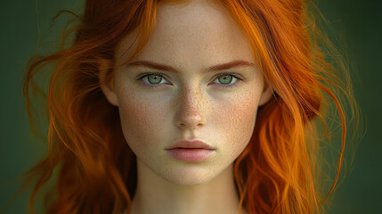 Vivid close-up portrait of a beautiful woman with stunning green eyes and flowing red hair. AI generated imagery.