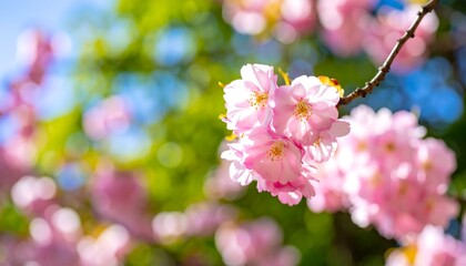 Delicate clusters of vibrant pink cherry blossoms bloom against a backdrop of out-of-focus greenery and a bright blue sky.