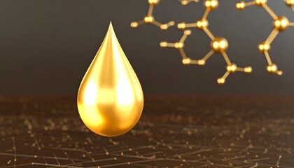 A gleaming golden drop of liquid rests amidst a complex network of molecular structures.
