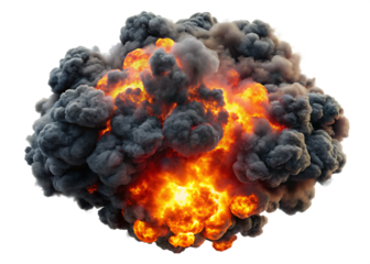 Large fireball with black smoke isolated on white background