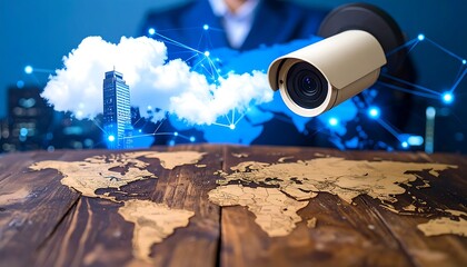 Businessman holds security camera over world map