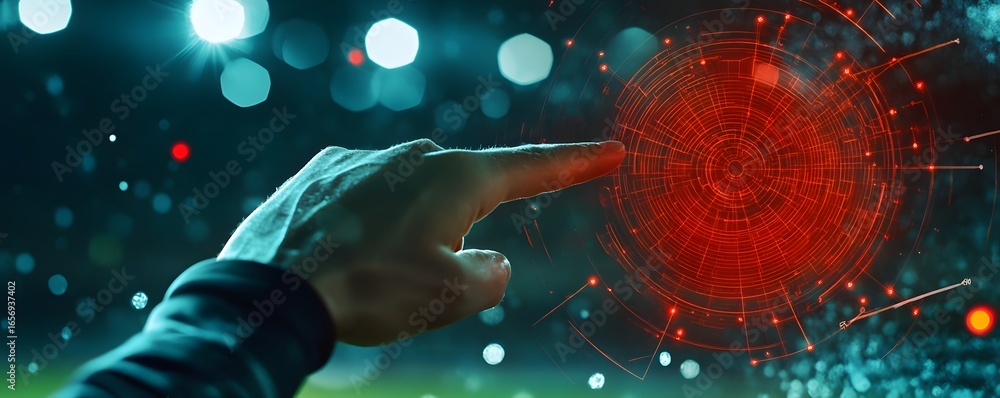 Aufkleber a close-up of a finger interacting with a futuristic red holographic display, symbolizing advanced t