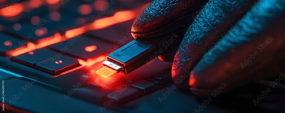 Poster a close-up of a gloved hand inserting a usb drive into a computer keyboard, illuminated by red light