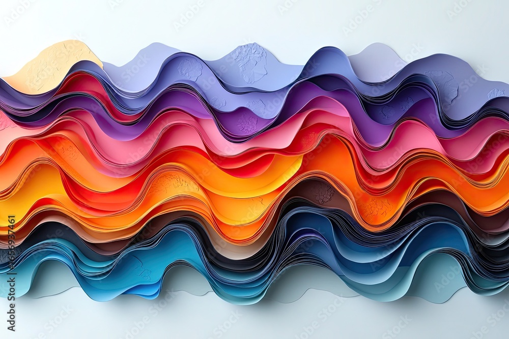 Poster colorful textured paper waves are layered on a clean, bright white backdrop. this unique texture cou