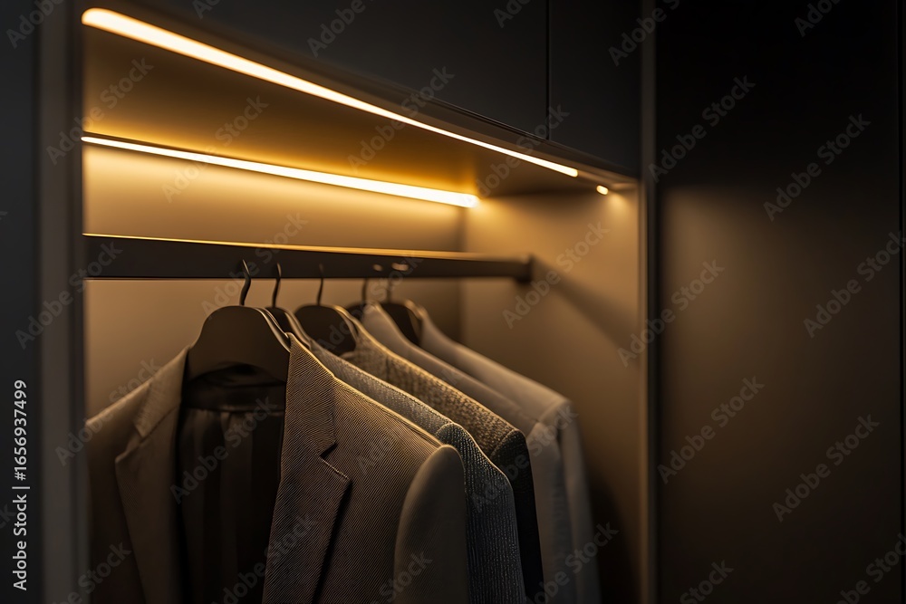 Poster built-in wardrobe in matte charcoal finish with a clean, handleless design and ambient lighting
