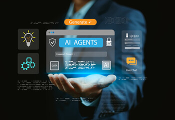 Businessman holding a representative AI agent platform, prompt command generation, live chat system, and artificial intelligence technology concept for business automation and digital innovation.
