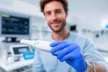 Professional Male Dentist Holding a Modern Intraoral Scanner in Clinic