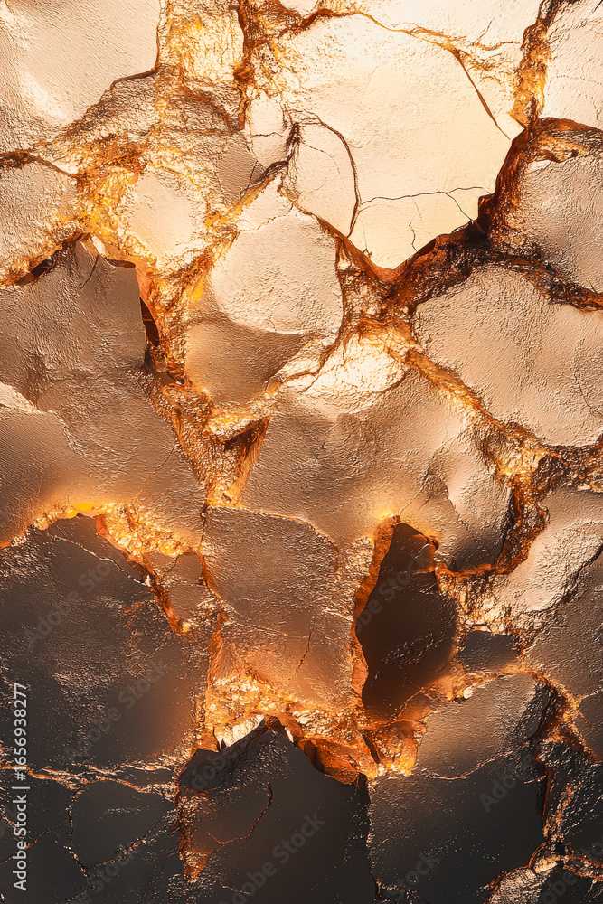 Poster this abstract image features a cracked surface with glowing golden highlights and textured layers, c