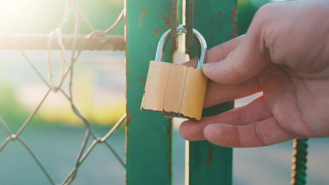 Hand checking locked padlock on metal gate with chain link fence at sports ground closeup at summer sunset