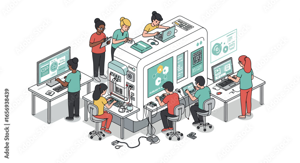 Poster diverse team collaborating in a modern office setting with technology