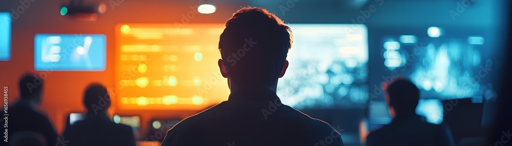 Poster a focused individual observing a high-tech control room with vibrant screens displaying data and vis