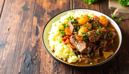 Hearty beef stew, served over creamy mashed potatoes, sits on a plate, showcasing rich colors and textures.