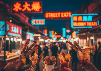 Obraz premium Vibrant night market scene with busy crowd under neon signs and street food stalls