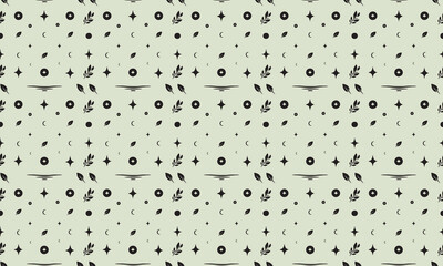 Cosmic Seamless Pattern in Black and White – Minimalist Abstract Vector with Moons, Stars, Dots, and Leaves – Repeating Digital Art Design for Backgrounds and Textiles