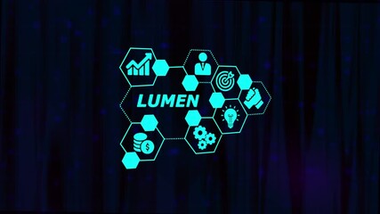 Lumen business growth strategy concept with financial success and team collaboration icons connected in a digital network infographic style on a dark blue background with bokeh effects - Powered by Adobe