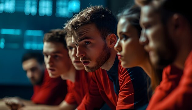 A focused team of athletes in red jerseys prepares for their game