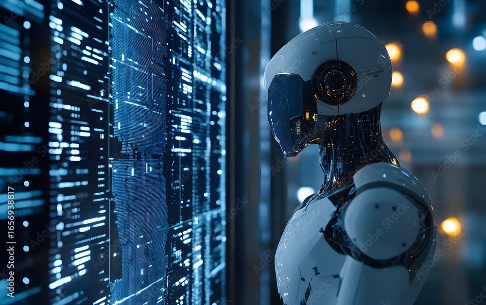 Poster a futuristic humanoid robot analyzing data on a digital interface, showcasing the integration of art