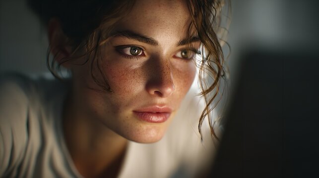 Intrigued woman absorbed in late night screen s glow reflecting on freckled skin with soft ambient