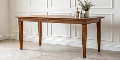 Wood Table With Vase And Plant Against Paneled Wall