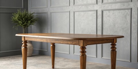 Wood Table with Turned Legs and Wall Panels, Vase with Greenery