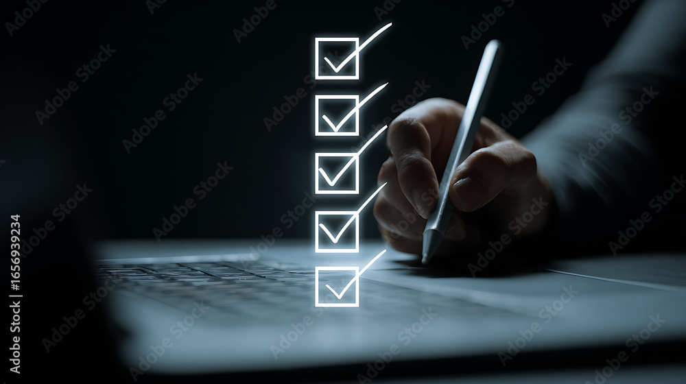 Poster hand marking checklist items on digital screen checking task
