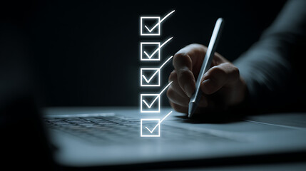 Hand marking checklist items on digital screen checking task