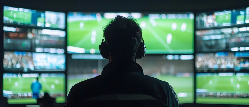 A person monitors multiple sports screens, focusing on game analysis and strategy in a high-tech environment. Perfect for sports tech imagery.