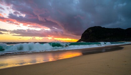 Dramatic coastal sunrise, with powerful waves crashing on a golden beach,  under a vibrant, colorful sky filled with dramatic clouds.